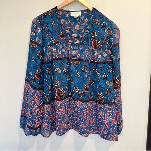 Everly For Francesca’s Boho Floral Lace Up Peasant Quarter Sleeve Sheer Blouse